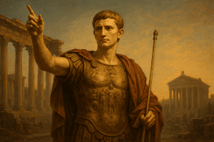 Retrato artístico de César Augusto, primer emperador romano, con armadura dorada y capa roja, señalando con determinación hacia el horizonte, frente a ruinas clásicas del Foro Romano al atardecer.