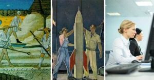 Evolución de la sociedad a través del tiempo: de la agricultura en la era preindustrial, pasando por la industrialización y la tecnología aeroespacial, hasta llegar a la era digital con profesionales en oficinas frente a ordenadores.