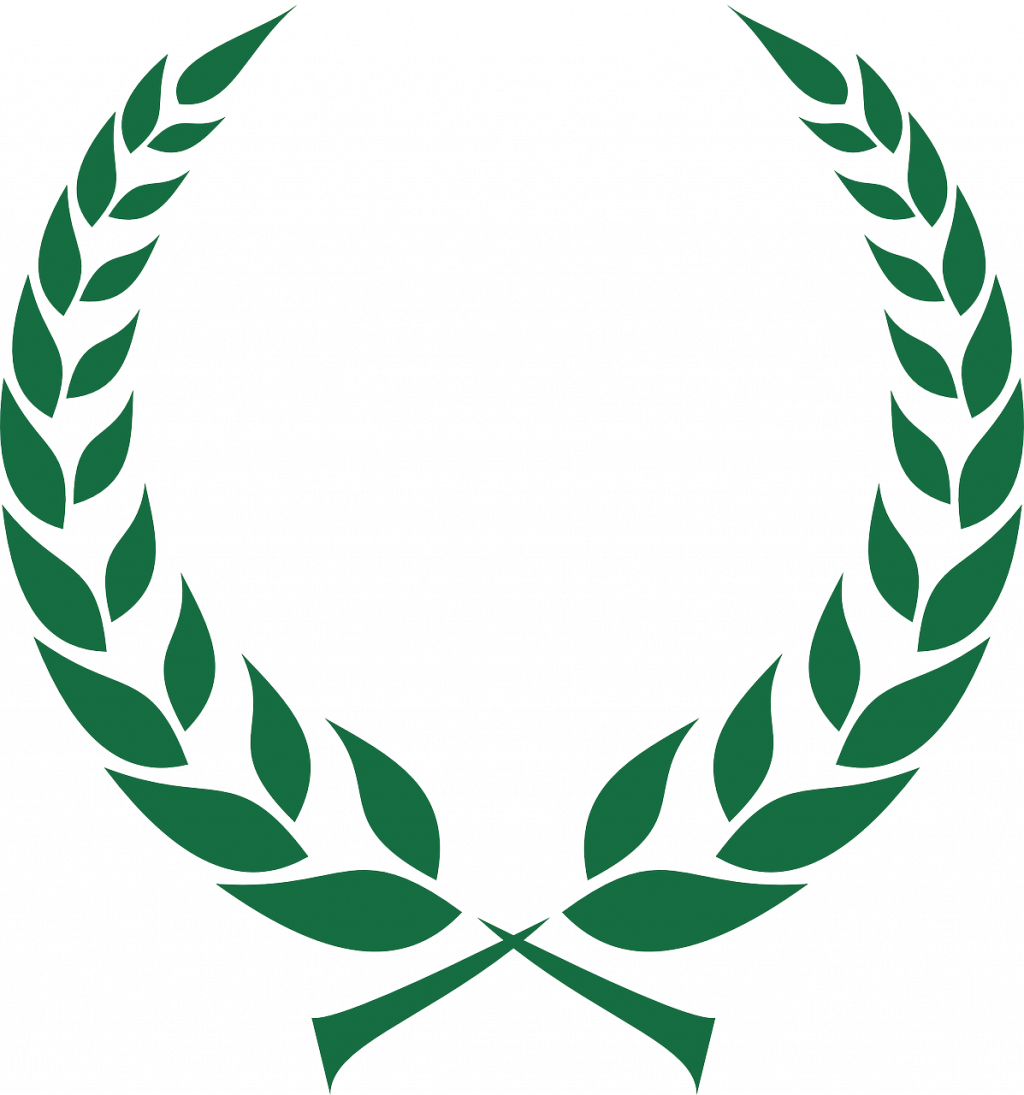 Corona de laurel verde en forma de semicírculo, símbolo clásico de victoria, honor y poder en la antigua Grecia y Roma