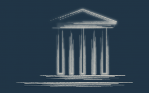 Ilustración digital de un templo griego clásico con columnas y frontón en estilo de líneas brillantes sobre fondo oscuro, símbolo de la arquitectura, valores y espiritualidad en la antigua Grecia