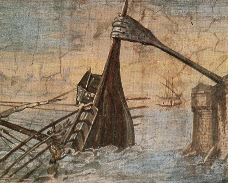 Pintura que representa la Garra de Arquímedes en acción