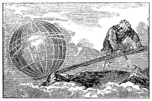 Ilustración de Arquímedes usando una palanca para mover el mundo, simbolizando su frase 'Dadme un punto de apoyo y moveré el mundo