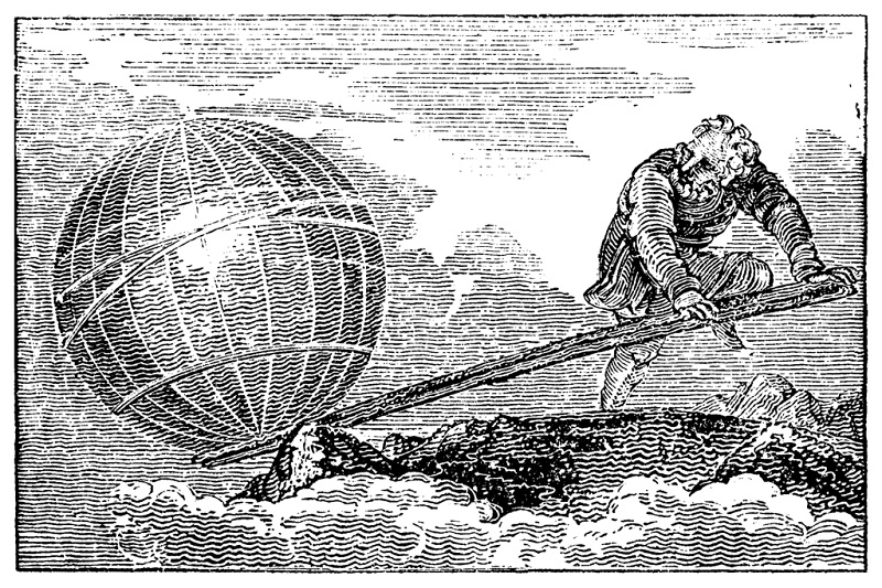 Ilustración de Arquímedes usando una palanca para mover el mundo, simbolizando su frase 'Dadme un punto de apoyo y moveré el mundo