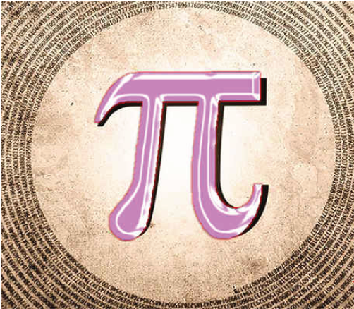 Símbolo de pi en color rosa sobre un fondo circular con dígitos del número pi distribuidos en espiral