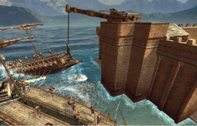 Recreación de la Garra de Arquímedes levantando un barco enemigo desde las murallas de una ciudad fortificada, con soldados observando desde los muros y otras embarcaciones en el mar