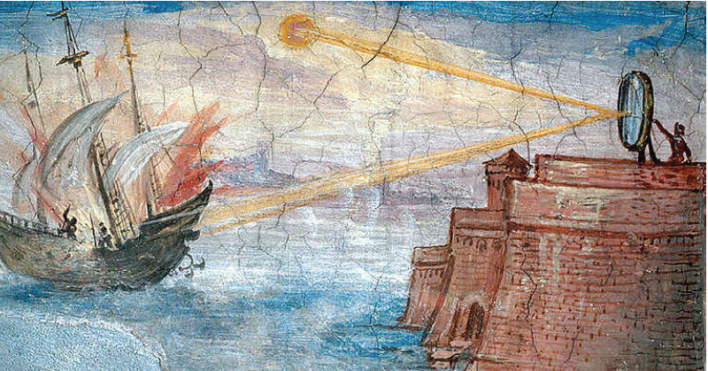 Pintura que muestra a Arquímedes usando un gran espejo para concentrar los rayos del sol e incendiar un barco enemigo durante un ataque naval