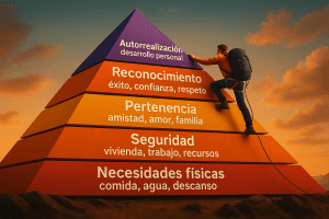 Ilustración de la pirámide de Maslow con un escalador ascendiendo por sus cinco niveles: necesidades físicas, seguridad, pertenencia, reconocimiento y autorrealización, representados con colores vivos y fondo de atardecer en la montaña