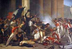 Revolución Francesa representada en una pintura clásica con soldados en uniformes rojos y blancos luchando contra insurgentes con banderas, escenas de batalla, humo y cuerpos caídos en el suelo.