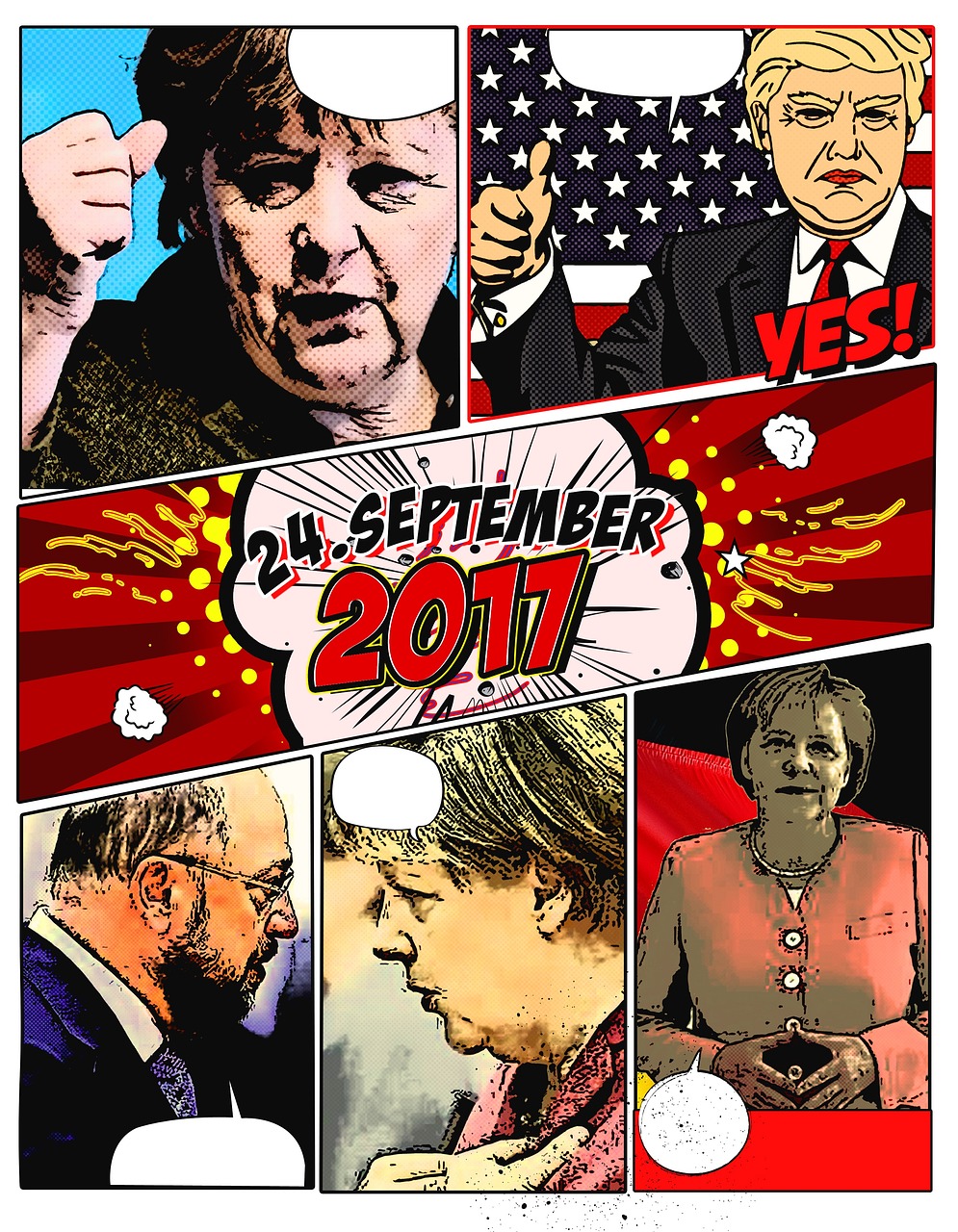 Viñeta estilo cómic con figuras políticas como Angela Merkel y Donald Trump, destacando la fecha 24 de septiembre de 2017 en el centro, simbolizando elecciones y participación democrática.