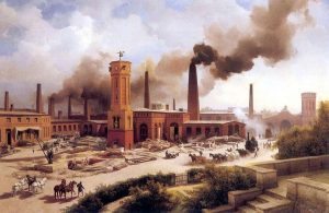 Pintura de una ciudad industrial del siglo XIX con fábricas de ladrillo, chimeneas expulsando humo y trabajadores transportando materiales, representando las características de la sociedad industrial basada en la producción mecanizada y la urbanización.