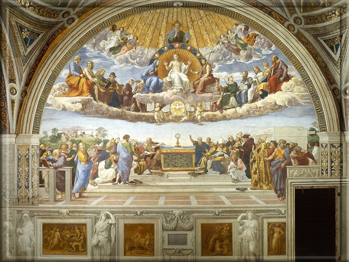 La disputa el Santísimo Sacramento (1509-1510) de Rafael, ubicada en las Salas de Rafael del Palacio Apostólico en la Ciudad del Vaticano, Italia