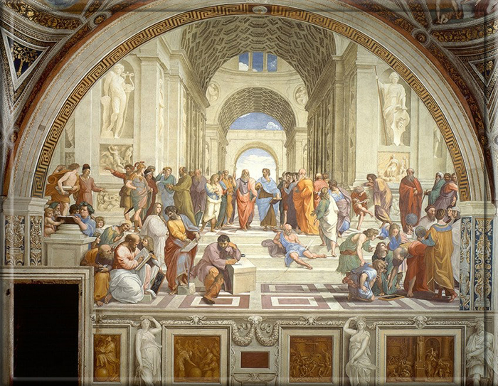 La Escuela de Atenas (1509-1511) de Rafael, ubicada en las Salas de Rafael del Palacio Apostólico, Ciudad del Vaticano, Italia