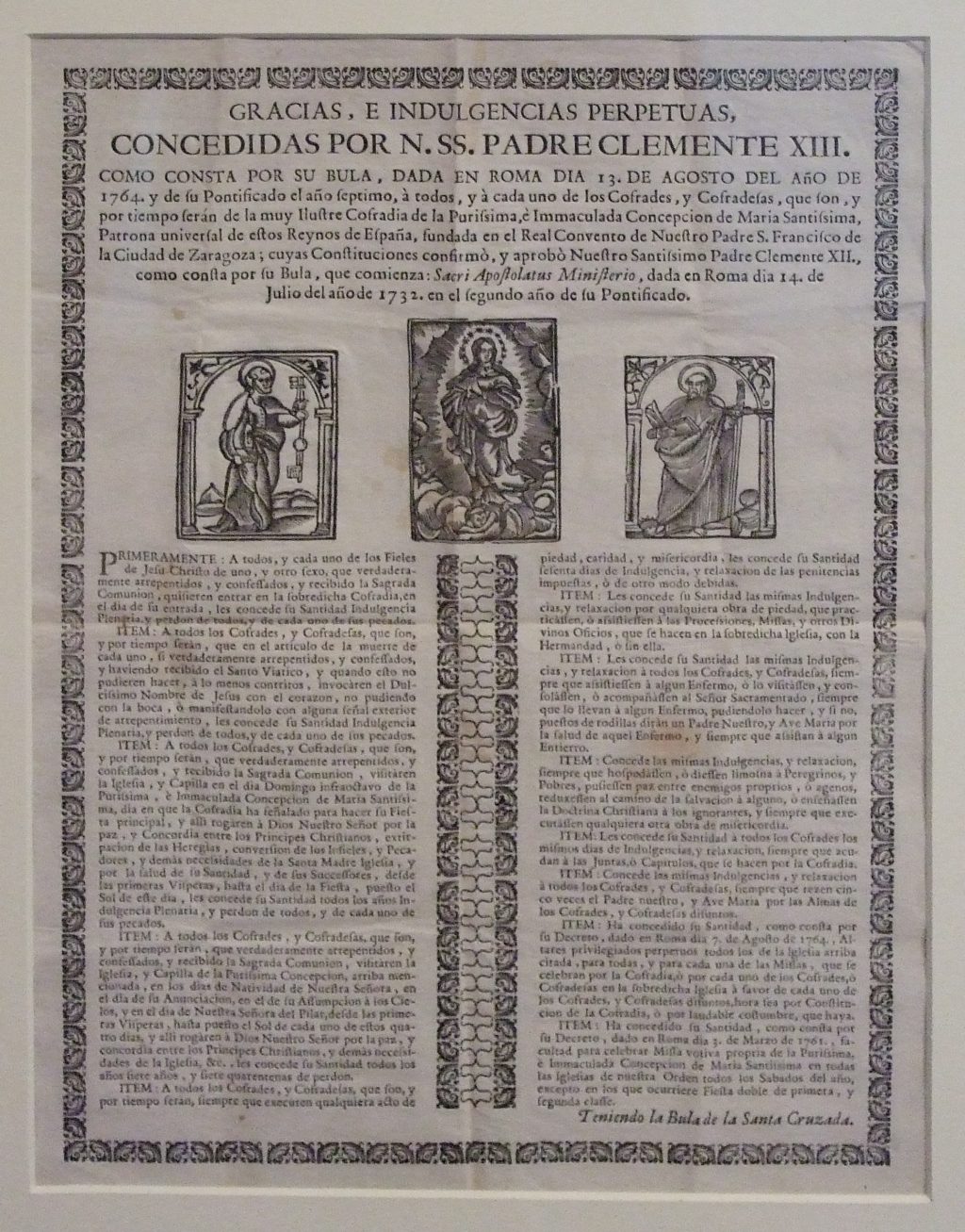 Indulgencia del siglo XVIII concedida por el papa Clemente XIII