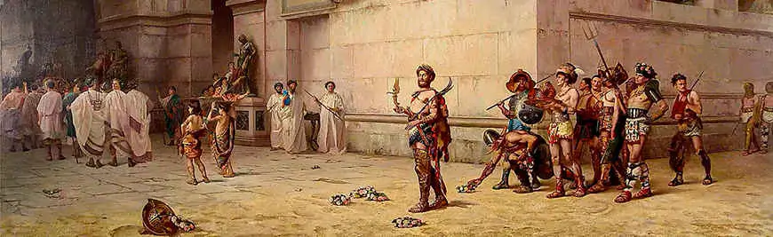 El emperador Cómodo abandona la arena a la cabeza de los gladiadores (detalle), pintura de Edwin Howland Blashfield, década de 1870