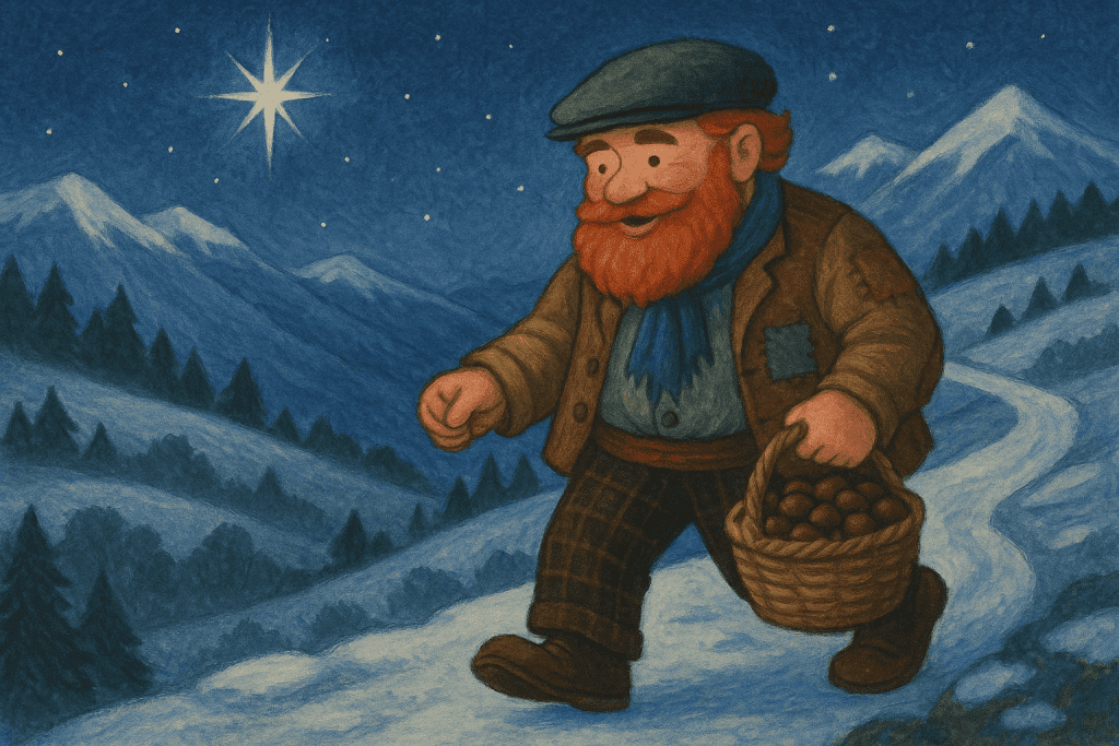 Ilustración del Apalpador caminando por un paisaje nevado con una cesta de castañas, bajo un cielo estrellado con una gran estrella brillante.