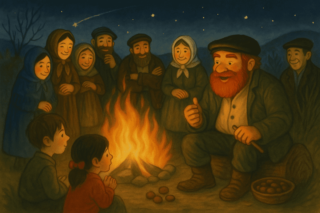 Ilustración navideña del Apalpador rodeado de un grupo de personas escuchando su historia alrededor de una hoguera, con castañas en el suelo y un cielo estrellado.