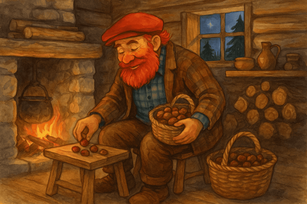 Ilustración del Apalpador asando castañas junto a una chimenea en una cabaña, con una cesta llena de castañas y un cielo estrellado visible por la ventana.