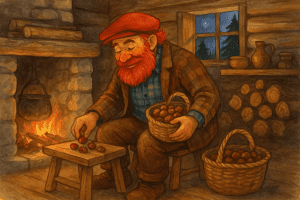Ilustración del Apalpador asando castañas junto a una chimenea en una cabaña, con una cesta llena de castañas y un cielo estrellado visible por la ventana.
