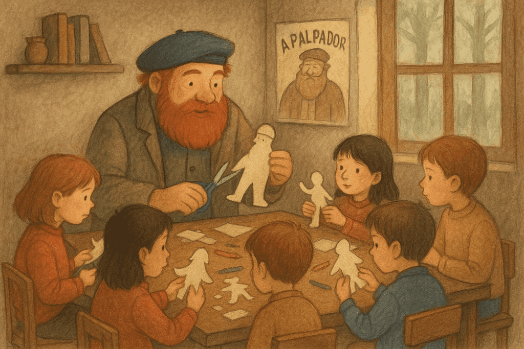 Ilustración del Apalpador enseñando a unos niños a recortar figuras de papel en una mesa, con un cartel del Apalpador en la pared.