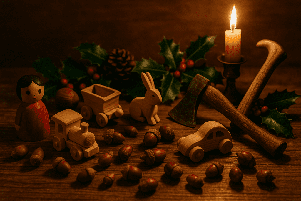 Una escena navideña tradicional con juguetes de madera, como una niña, un tren, un carro, un conejo y un coche, rodeados de bellotas. En el fondo, hay una vela encendida, ramas de acebo y herramientas de madera, lo que evoca un ambiente cálido y artesanal relacionado con las celebraciones del Esteru.