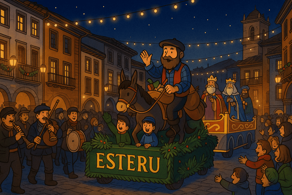 "Una colorida escena de una cabalgata del Esteru, con una carroza decorada con ramas verdes y la palabra 'ESTERU'. Un hombre montado a caballo saluda a la multitud, mientras que los Reyes Magos siguen en una carroza. En el fondo, se ve una plaza iluminada con luces festivas, con personas disfrutando del desfile y músicos tocando instrumentos tradicionales