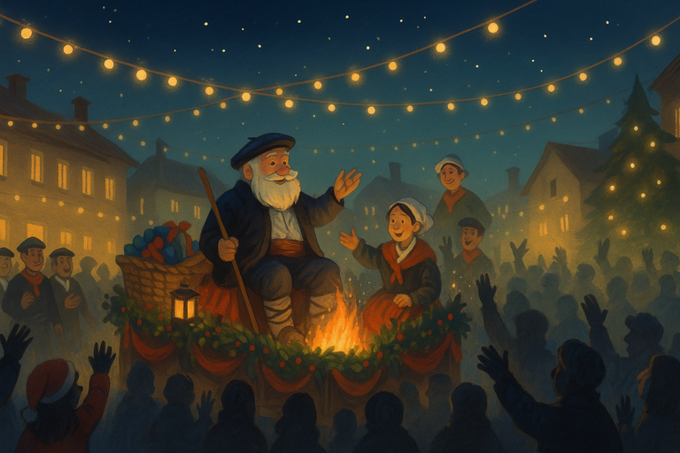 Ilustración de Olentzero sentado en un carro en una plaza, rodeado de niños y una multitud, mientras se celebra una fiesta nocturna con luces y decoraciones navideñas.