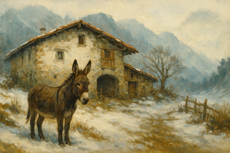 Pintura de un burro frente a una casería vasca en un paisaje nevado, con montañas al fondo y árboles sin hojas.