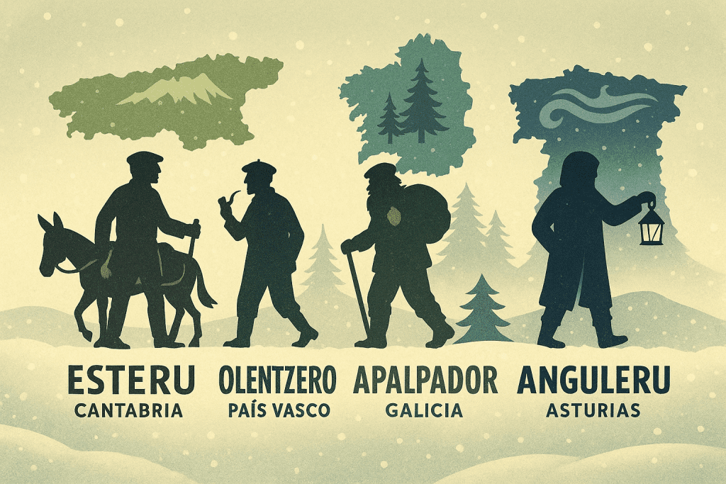 Una ilustración que presenta los personajes tradicionales de la Navidad de diferentes regiones del norte de España: Esteru (Cantabria), Olentzero (País Vasco), Apalpador (Galicia) y Anguleru (Asturias). Cada personaje está representado de forma estilizada, caminando en paisajes nevados con árboles, y acompañado de un mapa estilizado de cada región. Esteru aparece montado en un burro, Olentzero lleva una pipa, Apalpador porta un saco, y Anguleru sostiene una linterna.