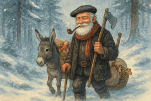 Ilustración de Esteru caminando por un bosque nevado, montado en un burro. Esteru lleva una pipa en la boca, una bufanda roja y un abrigo oscuro. Su saco está lleno de juguetes, y uno de ellos, una muñeca, está atada a su burro. El paisaje está cubierto de nieve, con árboles cubiertos por la nieve a su alrededor, creando una atmósfera invernal y festiva.