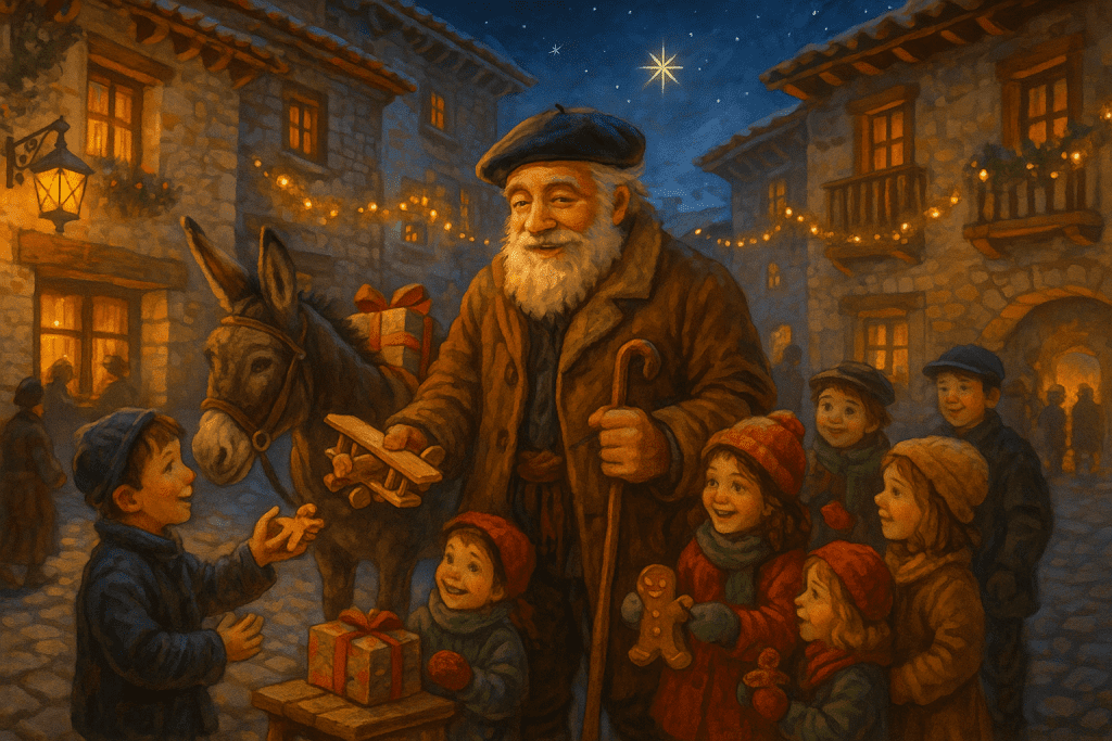 Esteru, con una barba blanca y un abrigo marrón, está entregando juguetes a un grupo de niños en una plaza iluminada por luces navideñas. Montado en su burro, Esteru reparte regalos, como un avión de madera y muñecos de jengibre, a los niños, que están muy felices. La escena tiene un ambiente cálido y festivo, con casas de piedra decoradas con luces y la estrella de Navidad brillando en el cielo.
