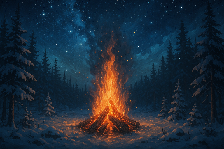 Ilustración de una fogata encendida en un paisaje nevado, rodeada de árboles cubiertos de nieve, bajo un cielo estrellado con la Vía Láctea visible.