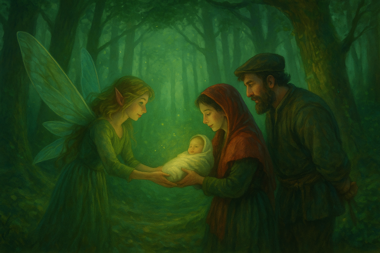 Ilustración de un hada en un bosque entregando un bebé envuelto en una manta a una mujer, mientras un hombre observa, todo rodeado por un ambiente místico y verde iluminado por pequeñas luces flotantes.