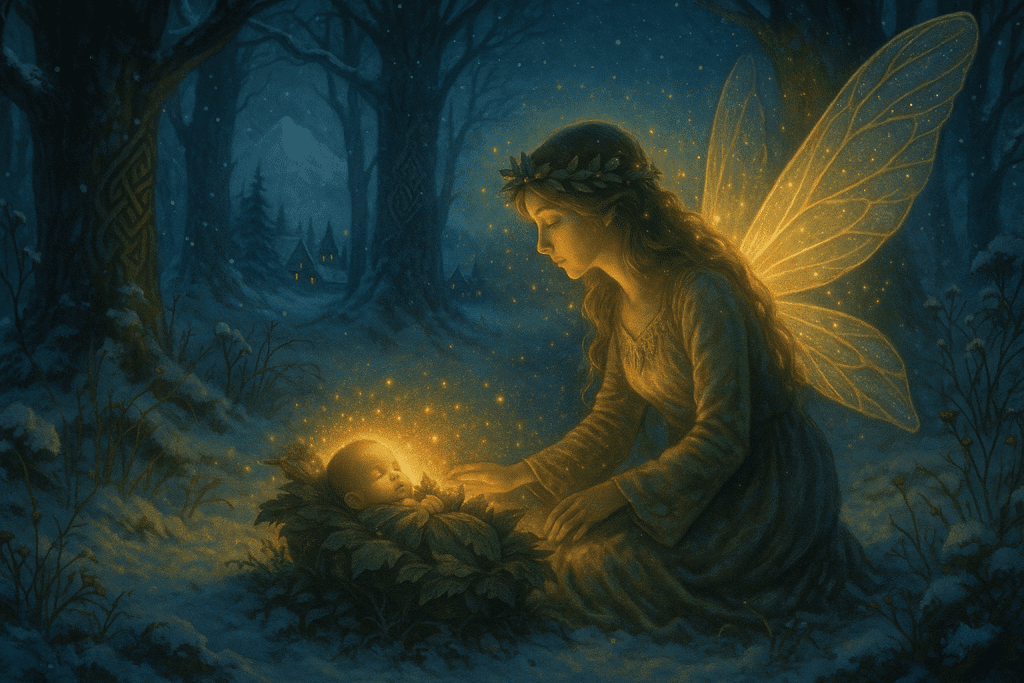 Una escena mágica en un bosque nevado donde una anjana, una figura mítica con alas resplandecientes, cuida de un bebé dormido que descansa en un lecho de hojas. La anjana, vestida con una túnica clara y una corona de hojas, extiende su mano hacia el bebé, rodeada de luces brillantes que emanan de él. En el fondo, se pueden ver algunas casas con luces cálidas y árboles imponentes cubiertos de nieve.