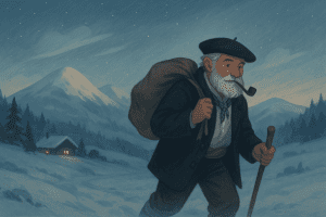 Ilustración de Olentzero caminando por la nieve con un saco a cuestas, fumando una pipa, mientras se dirige hacia una casa iluminada en un paisaje montañoso bajo un cielo estrellado.