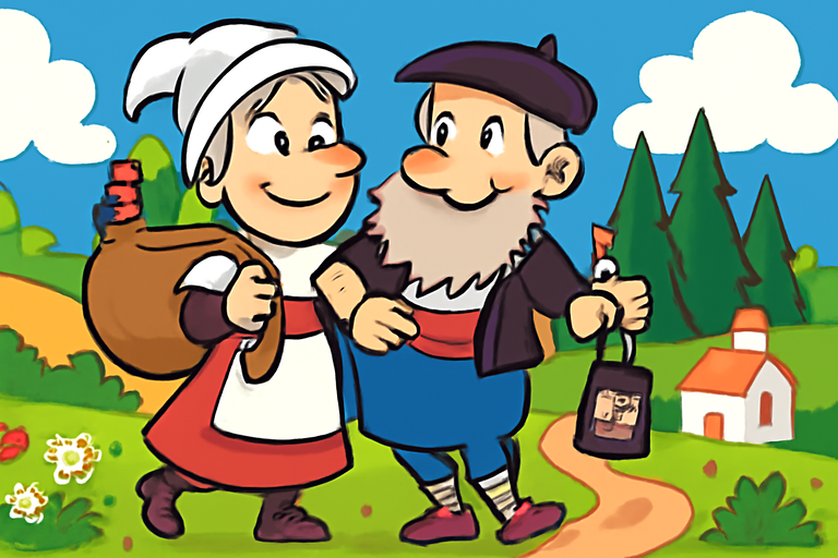 "Ilustración estilo dibujo animado de Mari Domingui y Olentzero caminando por un sendero rodeado de paisaje campestre, con ella cargando un saco y él llevando una linterna. Ambos tienen un aire simpático y alegre, con ropa tradicional de la época.