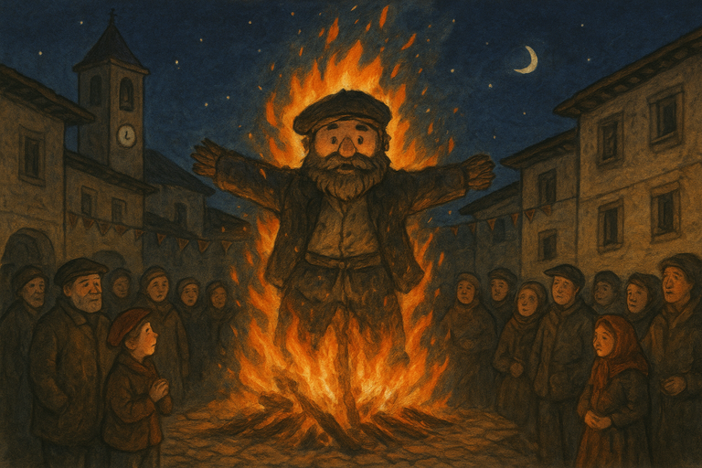 Ilustración de la figura de Olentzero ardiendo en una hoguera, rodeado de personas que lo observan en la plaza de un pueblo, bajo un cielo estrellado con la luna. La escena refleja una tradición navideña en la que se quema una figura simbólica mientras los habitantes contemplan el fuego.