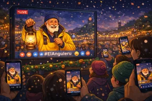 El Anguleru, el Papá Noel asturiano, protagoniza una retransmisión en directo mientras el público sigue el evento desde sus teléfonos móviles.