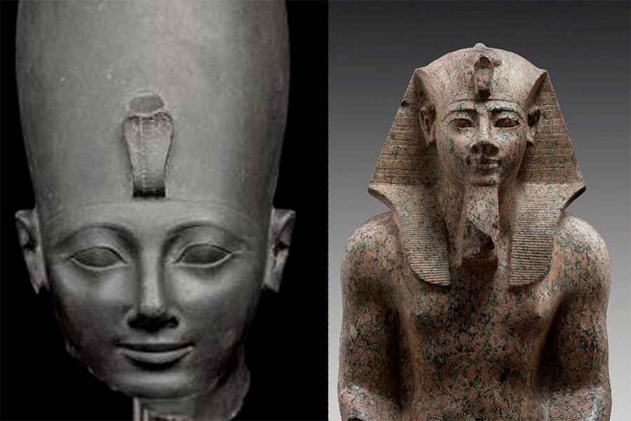 Cabeza de Tutmosis III, c. 1479-1425 a. C. Fuente: Museo Británico; con estatua de Amenhotep II, c. 1427-1401 a. C. Fuente: Museo Egipcio, Turín.