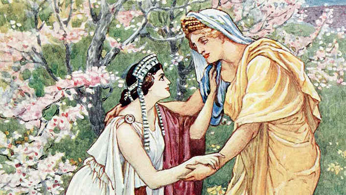 Deméter se regocijó porque su hija estaba con ella. Walter Crane, 1914. Fuente: Wikimedia Commons