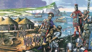 Legionarios romanos desembarcando en la costa de Britania durante la invasión ordenada por el emperador Claudio en el año 43 d. C.