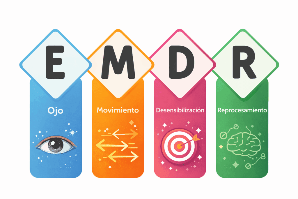 Infografía apaisada del acrónimo EMDR con cuatro columnas de colores que representan ojo, movimiento, desensibilización y reprocesamiento mediante iconos ilustrativos.