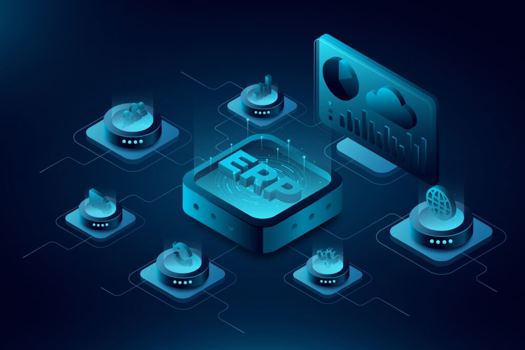 Ilustración digital de un sistema ERP conectado a distintos módulos empresariales como finanzas, inventario y análisis de datos en una red tecnológica.