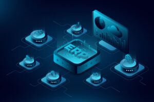 Ilustración digital de un sistema ERP conectado a distintos módulos empresariales como finanzas, inventario y análisis de datos en una red tecnológica.