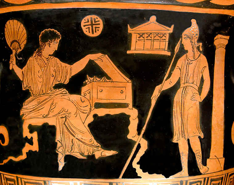 Helena y Paris. Cara A de una crátera de campana de figuras rojas procedente de Apulia, 380-370 a. C. Wikimedia Commons