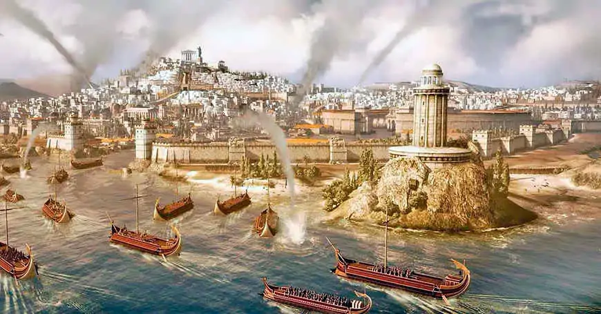 Impresión artística de cómo podría haber sido el ataque naval romano a Cartago durante la Tercera Guerra Púnica, 149-146 a. C., a través de la Enciclopedia de Historia Mundial.