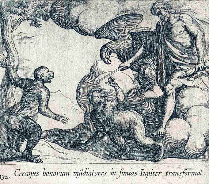 "Júpiter transformando a los cercopes en simios" de Antonio Tempesta, 1606. Fuente: Rijksmuseum