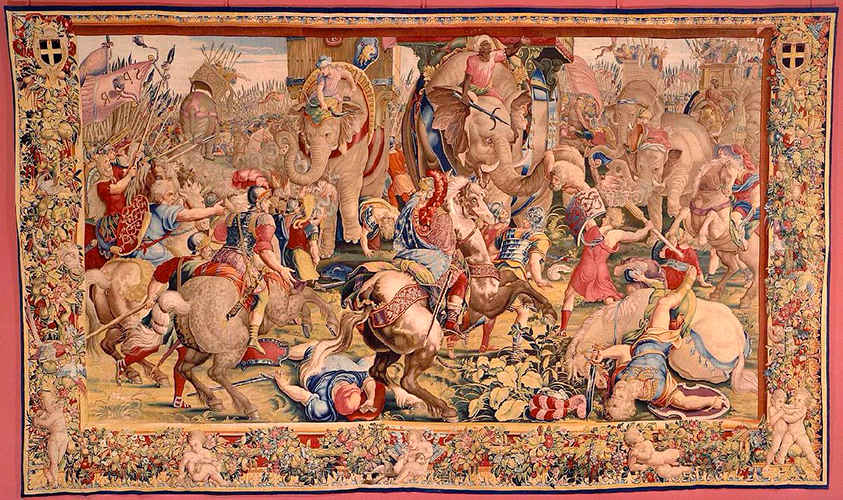 "La Batalla de Zama", parte del tapiz "La Historia de Escipión", de Giulio Romano, siglo XVII. Fuente: Louvre.