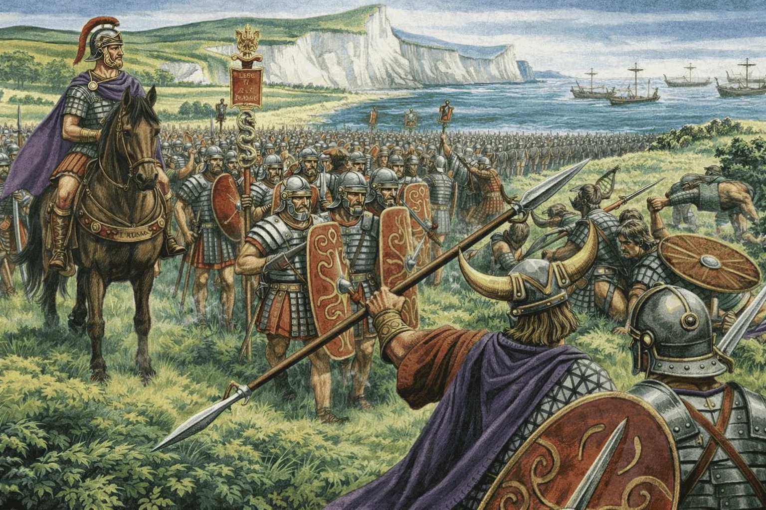 Legiones romanas combatiendo a los britanos tras el desembarco durante la invasión de Britania en el año 43 d. C.