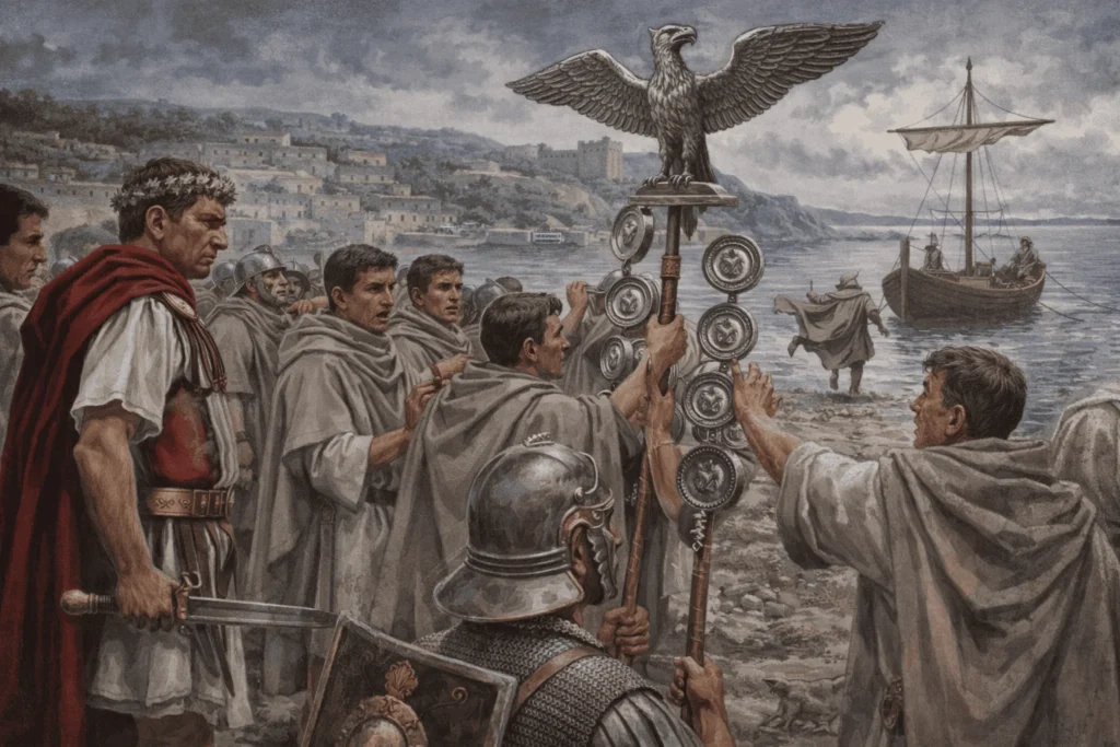 Legionarios romanos reunidos junto al águila legionaria durante el motín de las legiones en el año 42 d. C.
