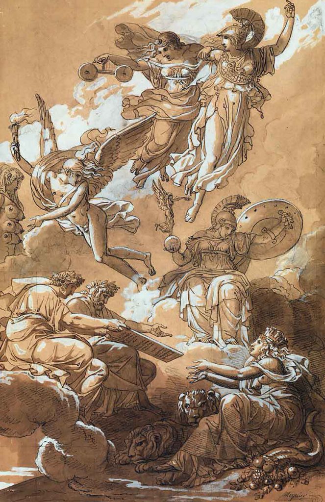 "La tierra recibe el código de leyes romanas de los emperadores Adriano y Justiniano", de Charles Meynier, 1802-1803. Fuente: Museo Metropolitano de Arte.